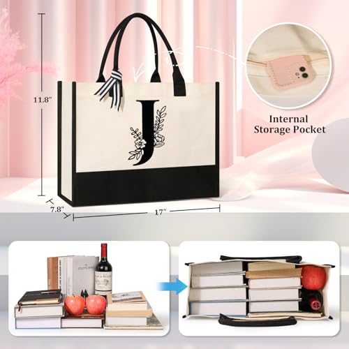 Image of Tecanne Personalized Initial Canvas Tote Bag, Suitable for Birthday, Wedding, Beach, Holiday, Gifts for Women, Mom, Teachers, Nurses, Best Friends, Bridesmaids (J)