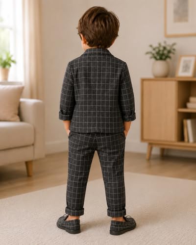 Image of Bold N Elegant Plaid Checks Print Boys 3 Piece Party Suit Coat with Waistcoat Bow Attached T-shirt and Trouser Pant Dress Clothing Set for Infant Toddler Boys
