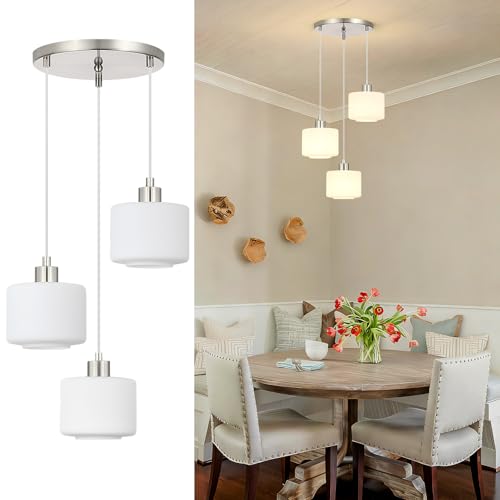 Osimir Brushed Nickel Dining Room Chandelier Light Fixture, 3-Light Pendant Lighting with Milk Glass, Modern Kitchen Island Cluster Hanging Pendant Lights for Kitchen Dining Room, OS-YQ8153-3BNW