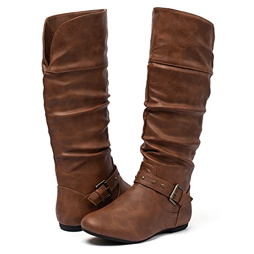 Katliu Women's Mid Calf Slouch Boots Zip Up Flat Boots With Buckle Brown #TOP4