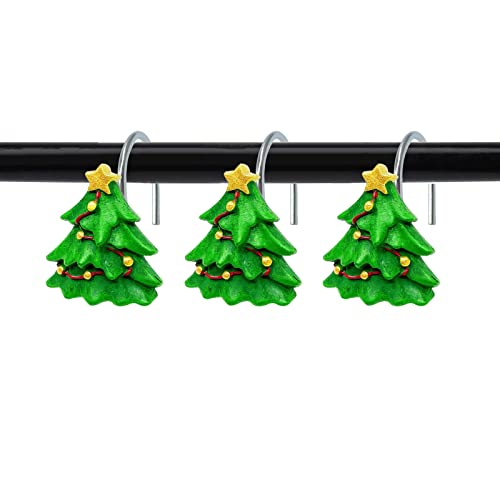 ZILucky 12 Stück Weihnachtsbaum mit goldenen Sternen Duschvorhang Haken Ringe, Xmas Bath Party Thema Dekor, Moderne Wohnaccessoires (Grün, Weihnachtsbaum) Cover