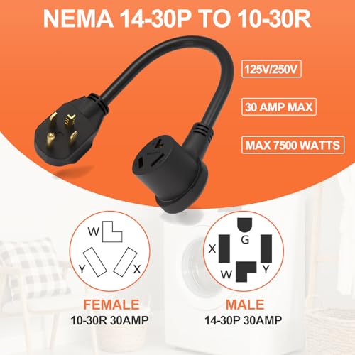 3 Prong to 4 Prong Dryer Adapter, 1.5FT Dryer Plug Adapter 3 to 4 Prong Outlet Cord Converter, NEMA 14-30P to 10-30R 10AWG Copper Wire 30A 250V Flexible DIY Dryer Connector for Home Laundry