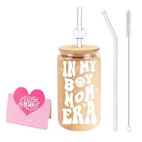 DAMCONME Gifts for Mum, Boy Mama Gifts Set–16 oz Glass Cup with “in My BOY MOM ERA” Design & Heart Straw – Cute Idea for New Mums, First-Time Mums, Cool Mum from Son