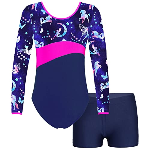 Hansber Big Girls Gymnastics Biketard Shorts Set Digital Printed Ballet Leotard with Bottoms Swimsuit