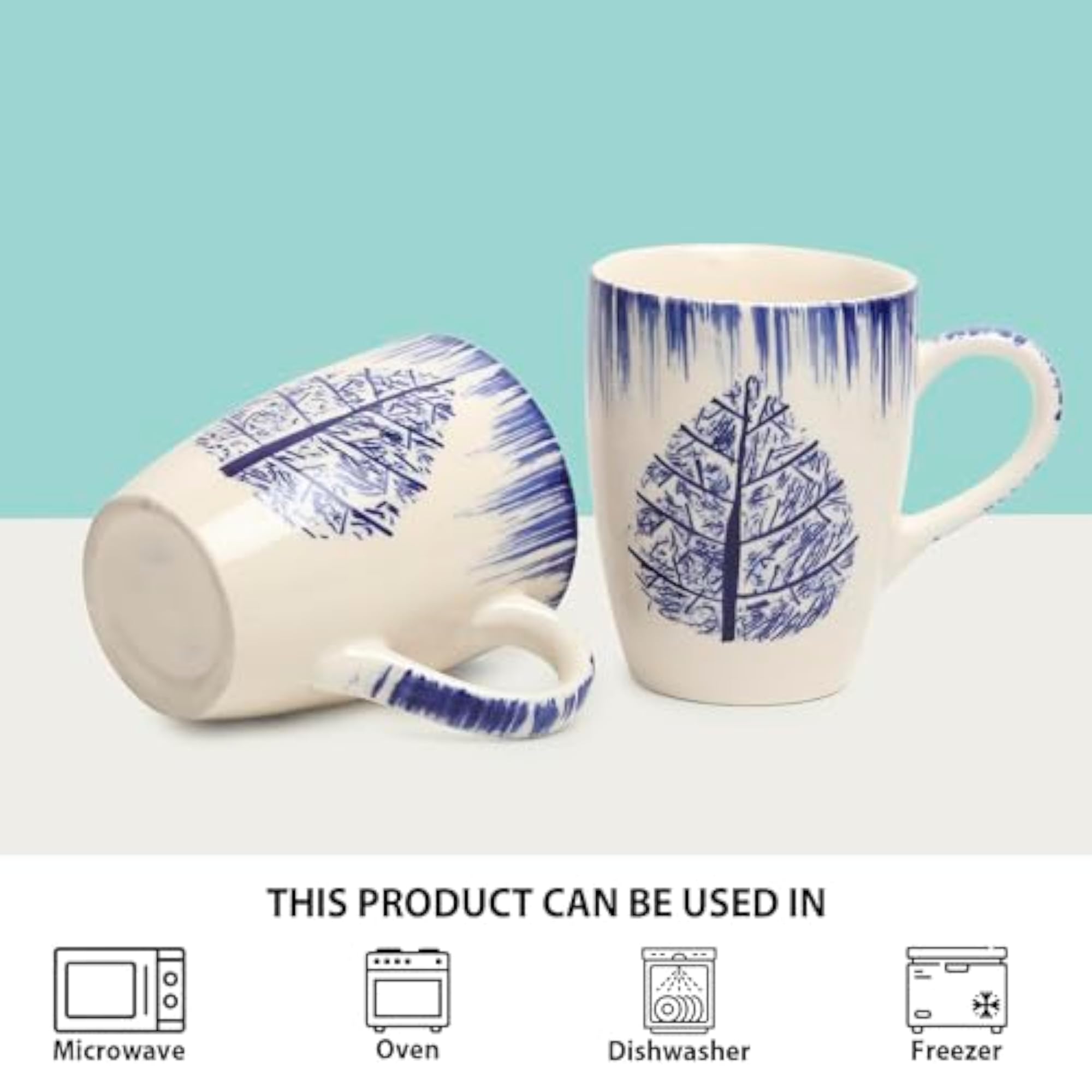 Leaf Pattern Hand Painted Ceramic Coffee Mugs Set of 2