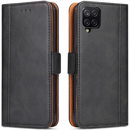 ROJIOJIO Handyhülle für Samsung Galaxy A12/ M12 Leder Handytasche Kartenfach Klappständer Magnetisch Lederhülle für Samsung Galaxy A12/ M12 Hülle Schwarz