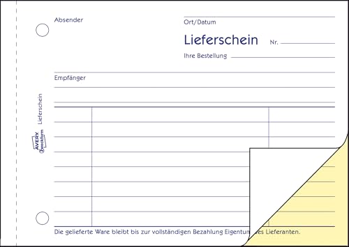 AVERY Zweckform 1713 Lieferschein speziell für Österreich (A6 quer, 2x40 Blatt, selbstdurchschreibend mit farbigem Durchschlag, zur Erfassung aller relevanten Lieferpositionen) weiß/ gelb