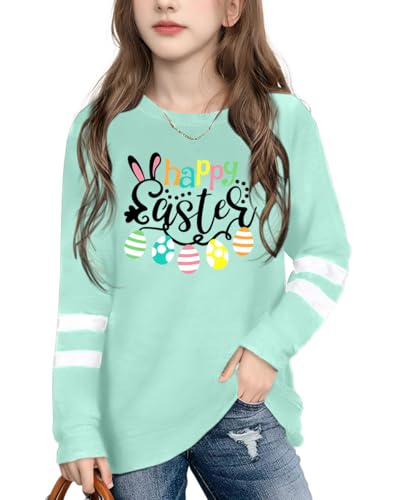 Image of Ithalt Kids Easter Shirts for Girls Cute Bunny Graphic Tshirt Easter Long Sleeve Tops 5-14y