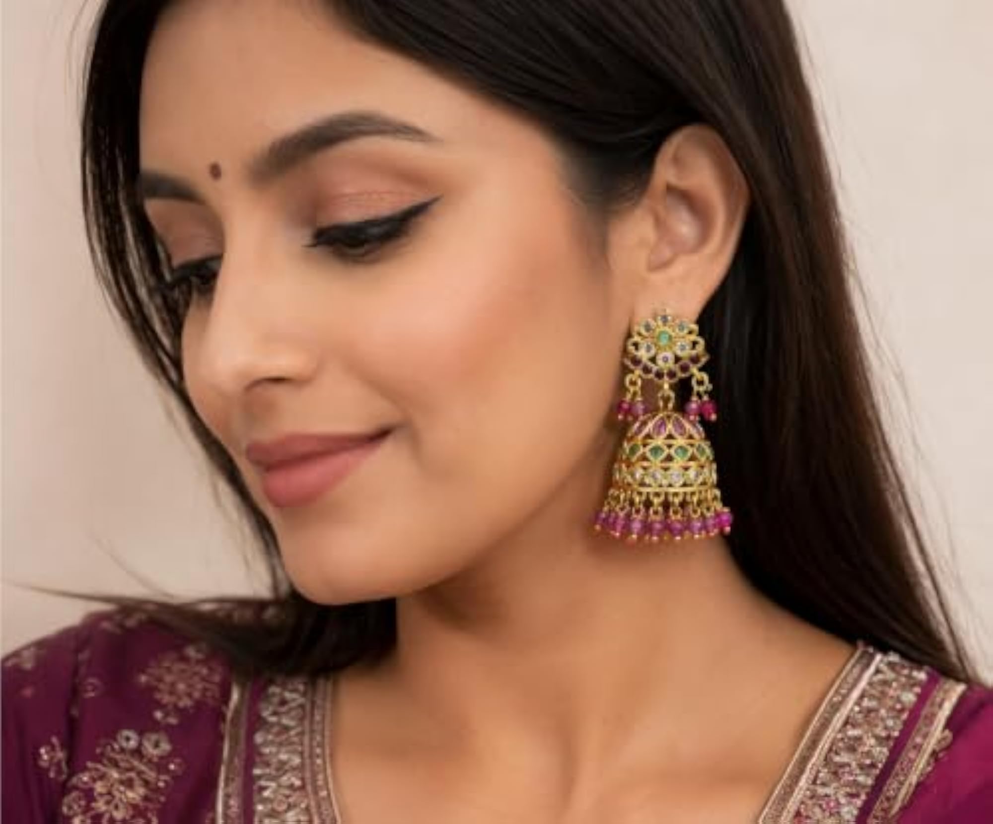Traditional Kundan Jhumka Earrings with Ruby and Pearl Drops