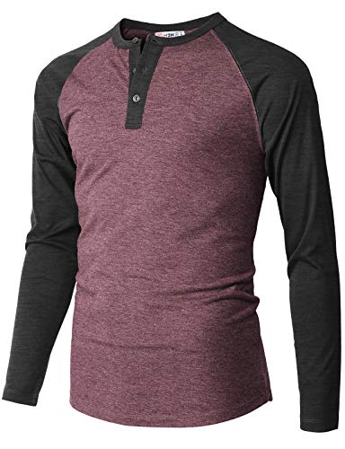H2H Men Casual Slim Fit Henley T-Shirt Raglan Long Sleeve Spandex Blended T-Shirt Burgundy US L/Asia XL (CMTTL112)