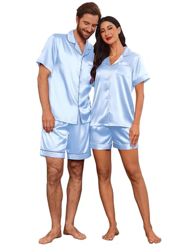 Image of Ekouaer Couple Matching Pajamas Sets Silk Short Sleeve Button Down Sleepwear Satin Pjs Shorts Set Soft Loungewear S-XXL