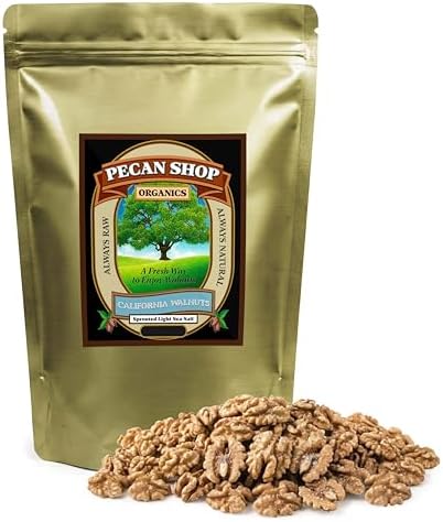 Pecan Shop Sprouted Raw Organic California Walnuts, Light Redmond Sea Salt Family Recipe Crispy-Untreated, Unpasteurized and Family Orchard grown-12 Ounce