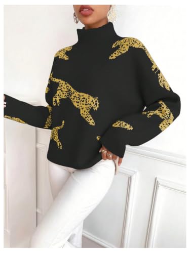 Image of WDIRARA Women's Leopard Tiger Print Sweater High Neck Long Sleeve Fuzzy Knitted Pullover Top