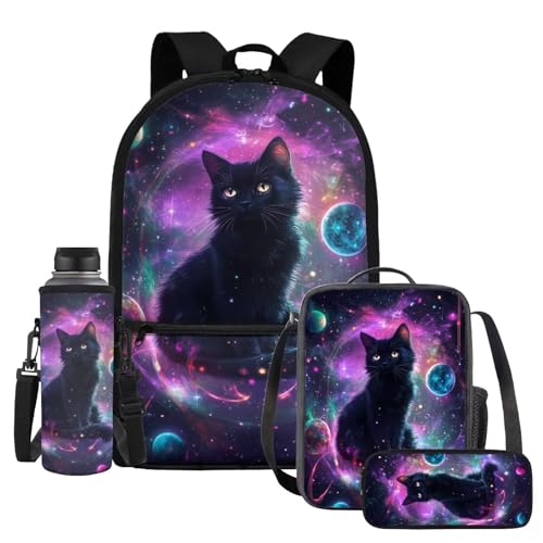 WELLFLYHOM 4 unidades de mochila escolar para meninas de 5 a 9 galáxias com tema animal bolsa de almoço estojo de lápis para garrafa de água, Gato Galaxy Planet, 11.02 x 5.12 x 17.32 inches, Mochilas