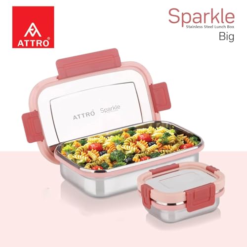 Image of ATTRO Sparkle Big Stainless Steel Lunch Box 2-Piece Set - 900ml + 200ml - Leak-Proof, BPA-Free, Compact & Durable - Ideal for Kids, Office, Travel - Peach