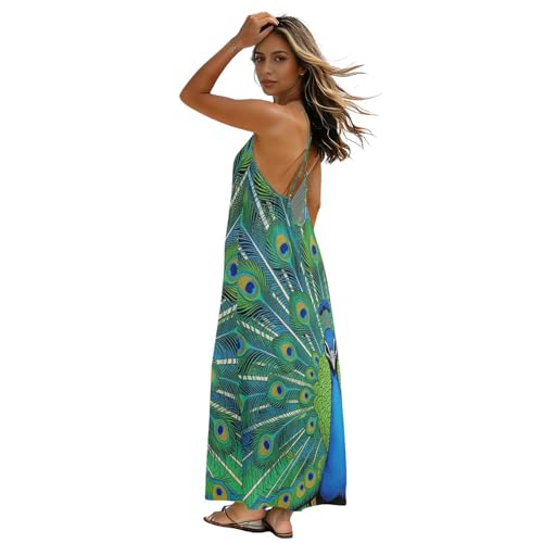 Robe d'été ample robe longue dos nu plumes de paon pour femme en taille M
