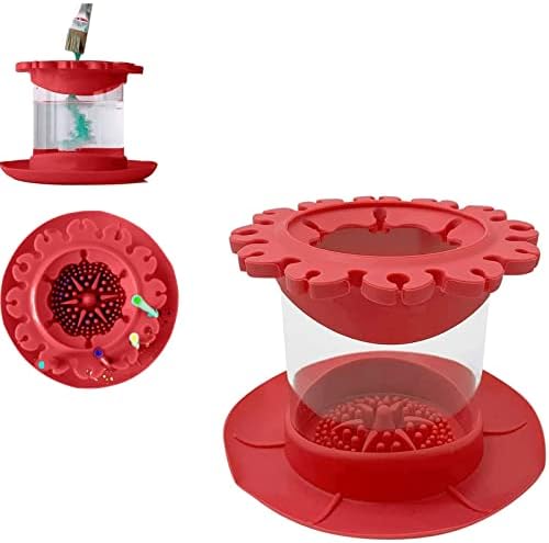 Ajgsom Paint Brush Cleaner Rinse Cup (All-in-One), Fine Art Paintbrush Cleaning Cup with Palette and Brush Organizers, Pigment Rinse Cups for Painting, Brushes Holder & Silicone Cleaning System (Red)