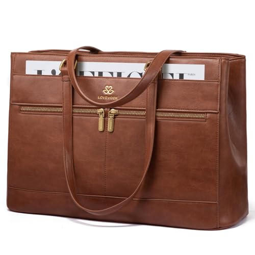 LOVEVOOK Handtasche Damen Groß, 15,6 Zoll Laptoptasche Elegant Arbeitstasche Aktentasche, Leicht Shopper Tasche Schultasche Lehrertasche, Laptop Tote Bag Handbags für Uni Büro Business, Braun