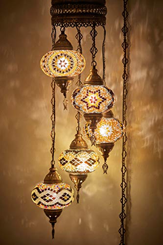 DEMMEX Lámpara de araña de mosaico turco marroquí, lámpara colgante de techo, luz de enchufe con cable de 4,5 metros, cadena y enchufe, no requiere cableado, 5 pantallas grandes, cuelga 110 cm