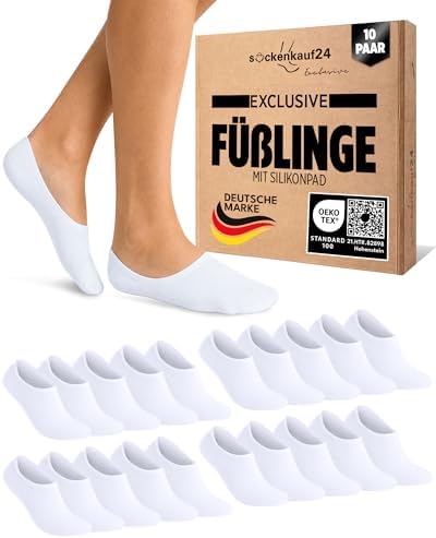 sockenkauf24 10 Paar Füßlinge für Damen & Herren - Unsichtbare Sneaker Socken aus atmungsaktiver gekämmter Baumwolle mit Silikonpad gegen Verrutschen