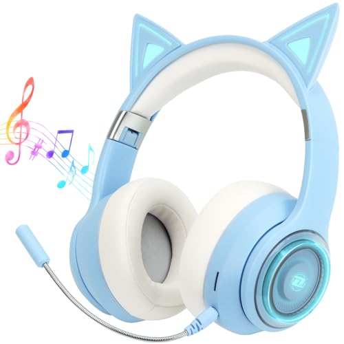 Absdefen 5.3 猫耳ヘッドホン 猫耳 イヤホン 無線 ヘッドマウント ブルートゥースイヤホン LED付き Bluetooth 5.3 ENCノイズ低減 HIFI RGB照明効果 IPX5 40MM 3.5MMオーディオケーブル付き マイク付き 遮音 密閉型 柔らかい サイズ調節可能 軽量 折りたたみ 携帯便利 有線無線兼用 可愛い (ブルー)