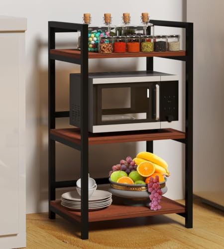Image of Microwave Oven Stand for Kitchen Counter, 2-Tier Kitchen Storage Rack with Utility Hooks, Heavy Duty Metal Frame & Wooden Shelf, Multipurpose Organizer for Microwave (Black)