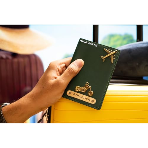 Image of AICA Personalised Name & Charm Leather Passport Cover Holder for Men & Women (DarkGreen) | Birthday Gifts for Women
