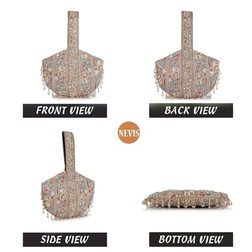 Image of Stylish Embroidery Unique Design Traditional Wedding Party Handheld Potli Bag for Women (Rose Gold)