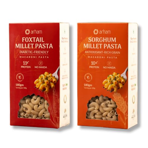 Image of Arham Organic Foxtail & Sorghum Millet Pasta Combo 2 x 180g | Healthy No Maida Pasta | High Fiber & Protein | Non-GMO, No Preservatives | Easy & Quick to Cook