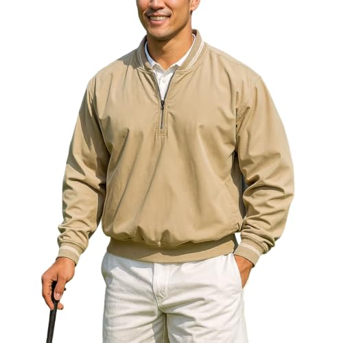 Akwa Men’s Crew Neck 1/4 Zip Golf Long Sleeve Windshirt Lightweight Waterproof Pullover Sweater Pockets Made in USA Outerwear Khaki