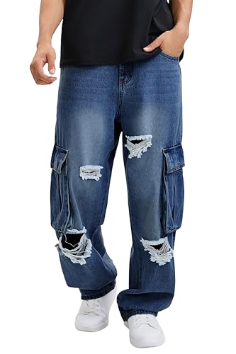 MZNBURAM メンズ ノンストレッチ ルーズフィット ワイドレッグ バギー カーゴ ジーンズ パンツ, B#ミディアムブルーリップド, 32の商品画像（Amazon）