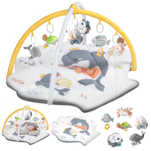 Image of Shell Baby Play Mat, Play Mat for Babies 0-6 6-12 Months, Tummy Time Mat w 6 Detachable Toys, Enlarged Infant Activity Mat for Sensory & Motor Skill Development Boho Ocean Theme Baby Play Gym (White)