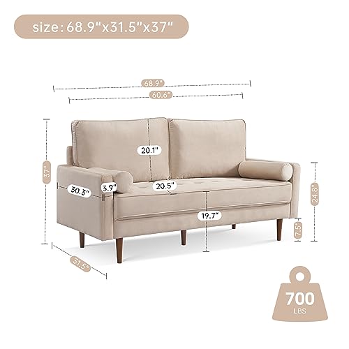 American Furniture Classics Beige 69 Inch Wide Upholstered Two Cushion Sofa with Bolster Pillows Velvet, 69\" x 32\" x 37\" - Thumbnail 3