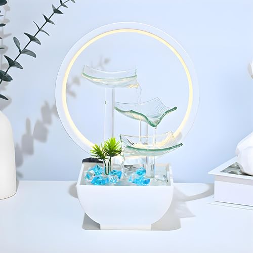 Image of Water Fountain for Home Decor 29cm Glass Indoor Waterfall with LED Light & Blue Stones - Electric Tabletop Showpiece for Living Room, Office Desk & Bedroom - Lucky Feng Shui Gift (Frost White)