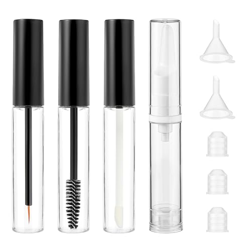 Telooco 4 Stück Leere Mascara Tube 10ml Nachfüllbare Mascara Flasche mit Wimpernpinsel Lipgloss Eyeliner Pinsel Vakuum Augencremeflasche Wimpernbürste Tubes Set mit 2 Trichter und 3 Stopfen (Schwarz)