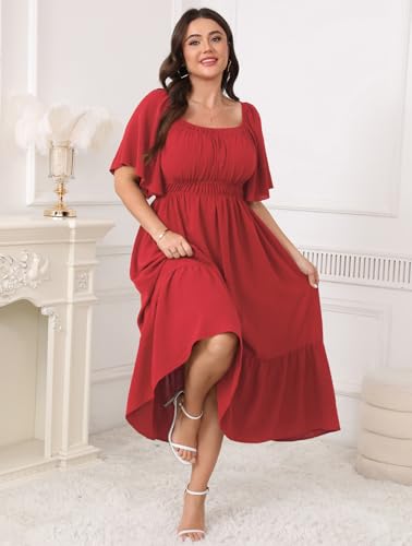 Image of CICIDUDU Plus Size Smocked Maxi Dresses for Curvy Women Square Neck Flowy Casual Summer Wedding Guest Dress