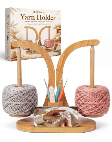 Image of SPEENSUN Tangle-Free Magnetic Double Yarn Holder for Crocheting | Upgraded Tall Spindles for Large Cake Yarns, Premium Bamboo, Smooth Magnetic Spinning, Phone Stand & Tool Organizer