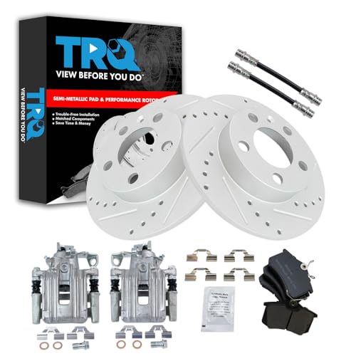 Image of TRQ Performance Rear Brake Pad and Rotor Set Semi Metallic Slotted Drilled Coated Rotors Calipers Compatible with 1999 Volkswagen Jetta