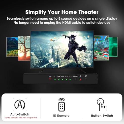 ROOFULL 5 Port 4K HDMI Switch with Remote 5 in 1 Out 4K@60Hz HDMI 2.0 Video Switcher Selector, Dolby Vision/Atmos Auto-Switching HDCP 2.2 HDR 10 CEC 18Gbps for PS5/4Pro Xbox Apple TV