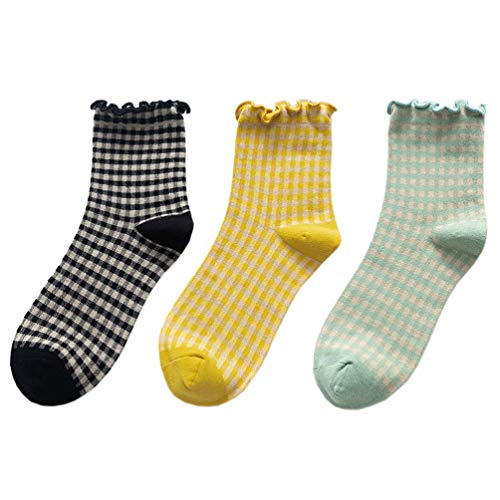ANGUYA Chaussette Femme 1/3/6 Paires De Chaussettes en Coton À Femmes Rétro Chaussure Treillis Écossais Belles Chaussettes Mode Hiver Chaussettes Mignonnes (Vert+Noir+Jaune(3 paires), Taille unique Cover
