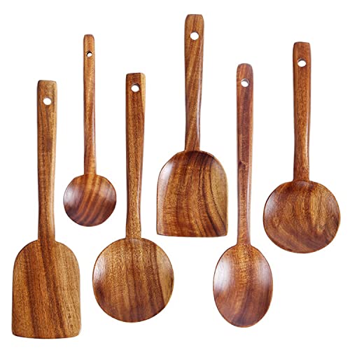 Ausemo Natural Teak Coffee Scoop with Long Handle - Eco-friendly Wooden Cooking Utensils Set, 6 Pack for Non-Stick Kitchen