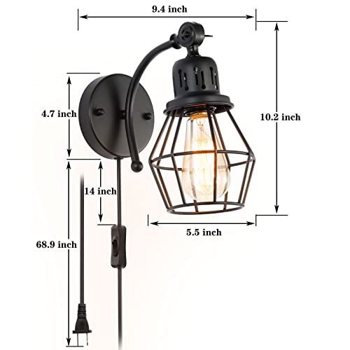 Banganma Plug In Wall Sconce Set Of 2, Black Industrial Vintage Cage Wall Light Fixture With On Off Switch，Wall Lamp With Plug In Cord For Bedroom Farmhouse Hallway #TOP1