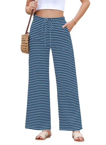 EVALESS Wide Leg Sweatpants Women Casual Loose Fit Fashion 2026 Trendy Summer Fall Ribbed Sweat Pants with Pockets Black and Blue Pinstripe Medium
