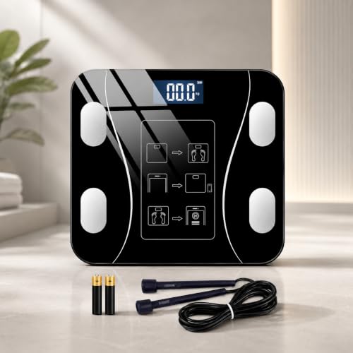 Akıllı Vücut Analizli Dijital Baskül; Bluetooth Okok Uygulama Bağlantılı, 180 kg Kapasiteli Cam Banyo Tartısı, LCD Ekranlı Hassas Kilo Tartısı, 2 Pil ve Atlama İpi Hediyeli