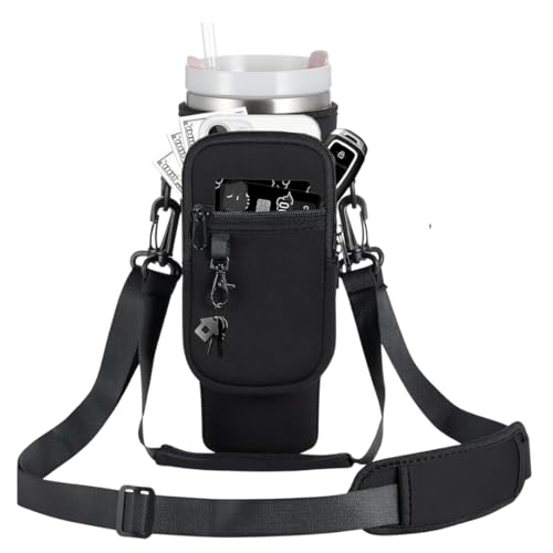 Bolsa Porta-Garrafa com Bolso para Celular, Chaves e Documentos – Compatível com Copos Térmicos | Capa em Neoprene com Alça Ajustável e Isolamento Térmico