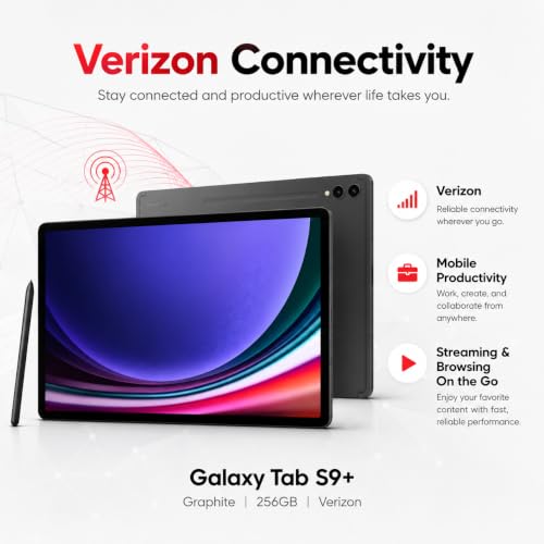 Image of Samsung Galaxy Tab S9+ 5G Tablet, 256GB, Graphite, Verizon, 12.4 inch Dynamic AMOLED 2X Display, S Pen Included