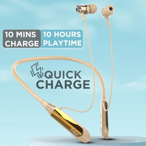 Image of LANDMARK BH118 Play 3.0 in-Ear Bluetooth Neckband with Mic, 10Hrs Playtime, ASAP Charge, ENC Mic, 3 Voice Changer, BT v5.0, Smart Magnetic Buds, IPX4, Dual Pairing (Gold)
