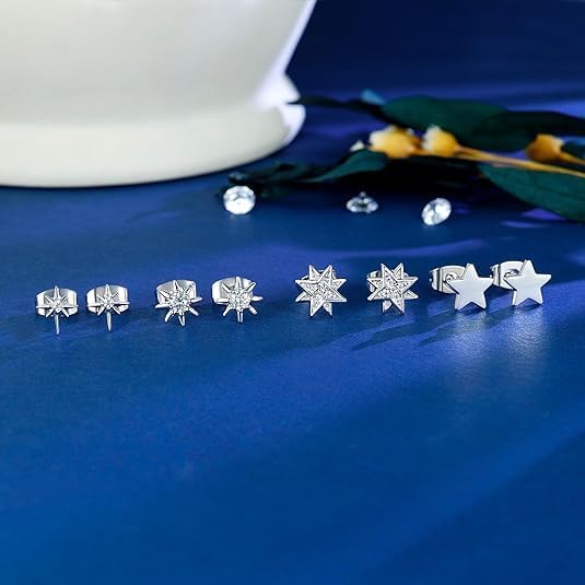 4 Pairs White Gold Star Stud Earrings for Women Hypoallergenic Silver Celestial Sun and Moon Crescent Earrings Set for Sensitive Ears - Image 6