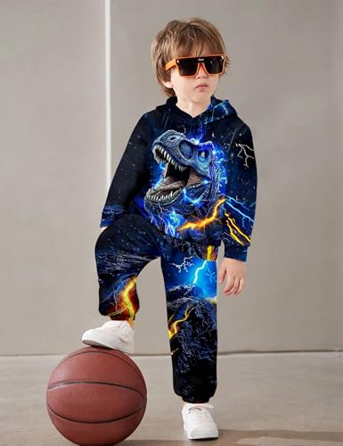 Image of Boys Clothes, T-Rex Print Dinosaur Boy Clothes Fall Winter Outfits Long-sleeved Hooded Sweatshirt Pants 2Pcs Set