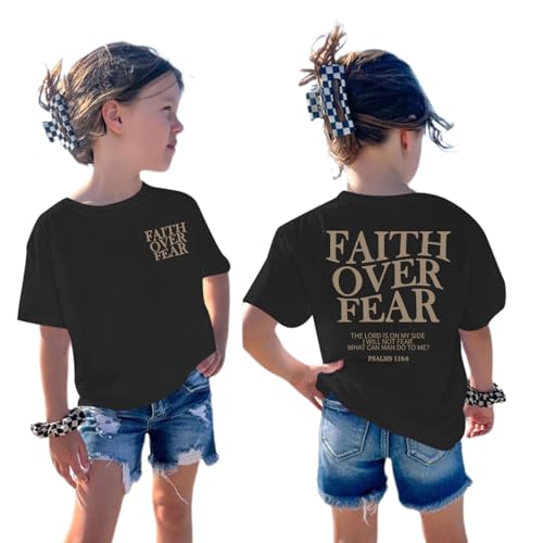 Image of Girls Faith Over Fear Christian Shirts for Kids Jesus God Bible Verse Religious Tshirt Cute Preppy Graphic Tees Tops